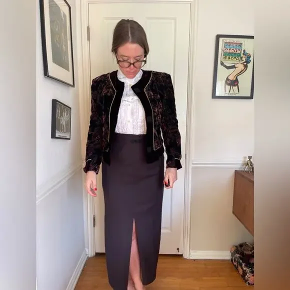 90s Vintage Velvet Leaf Patterned Blazer w Gold Piping - Picture 4 of 9